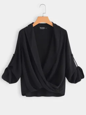 Custom Deep V Neck Plain Crossed Front 3/4 Sleeve Black Blouses