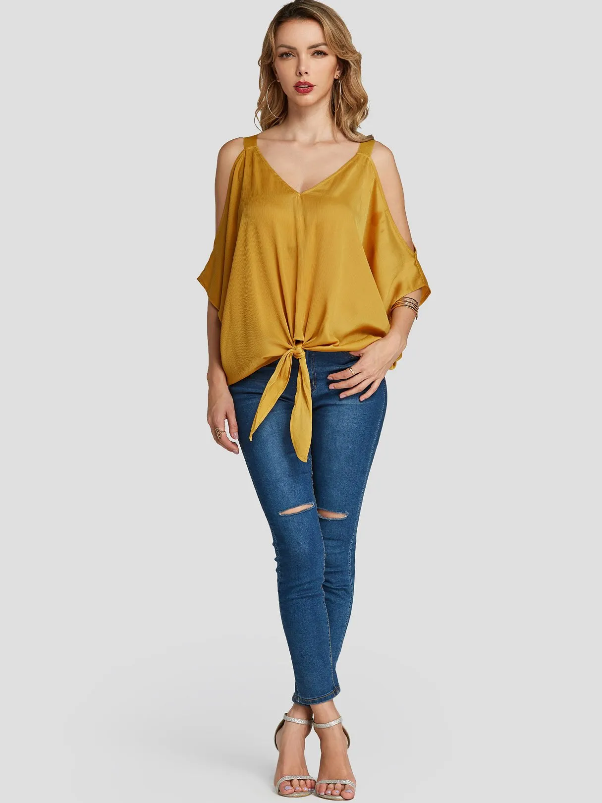 Custom V-Neck Cold Shoulder Self-Tie Yellow Blouses