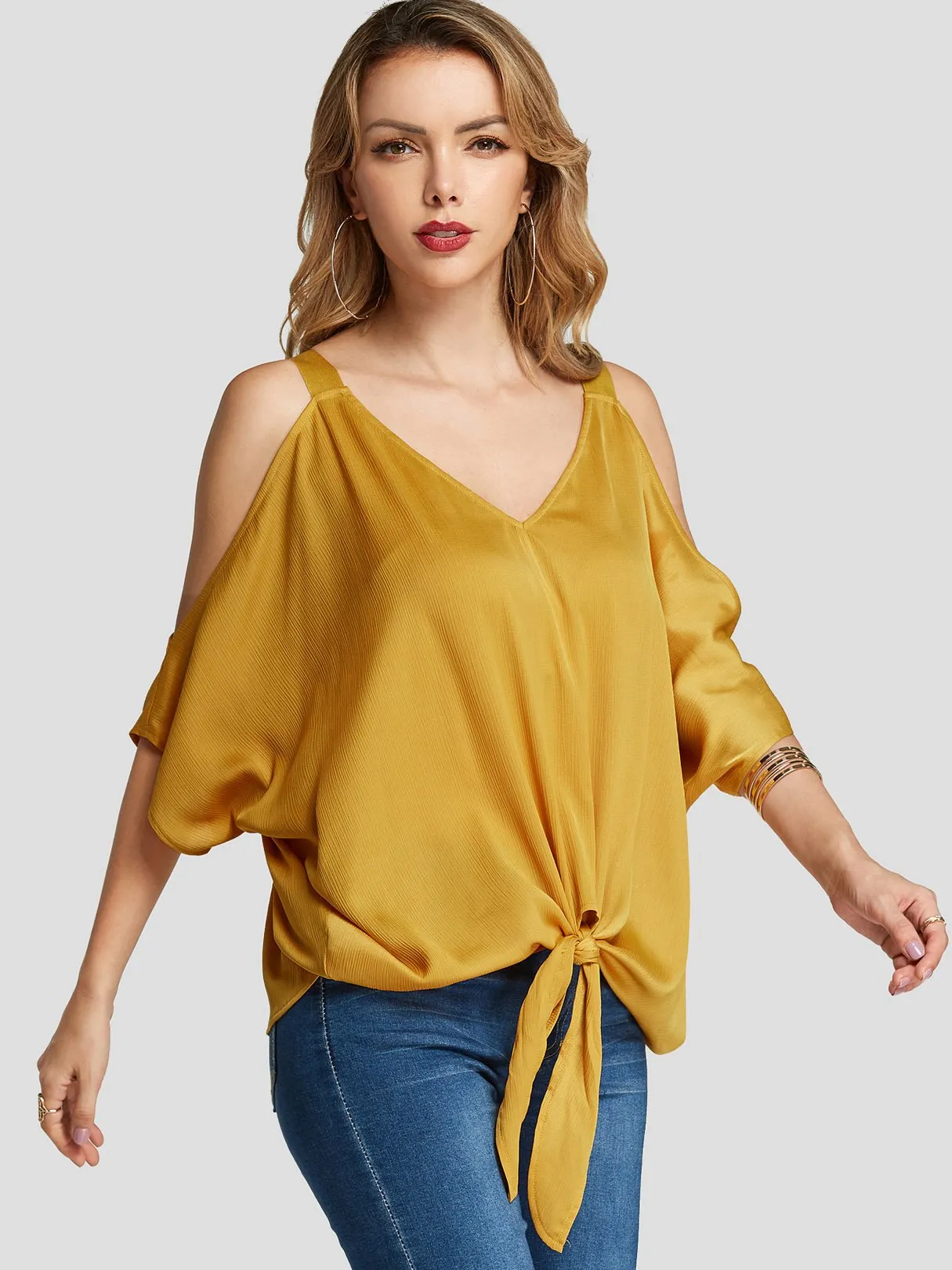 Custom V-Neck Cold Shoulder Self-Tie Yellow Blouses