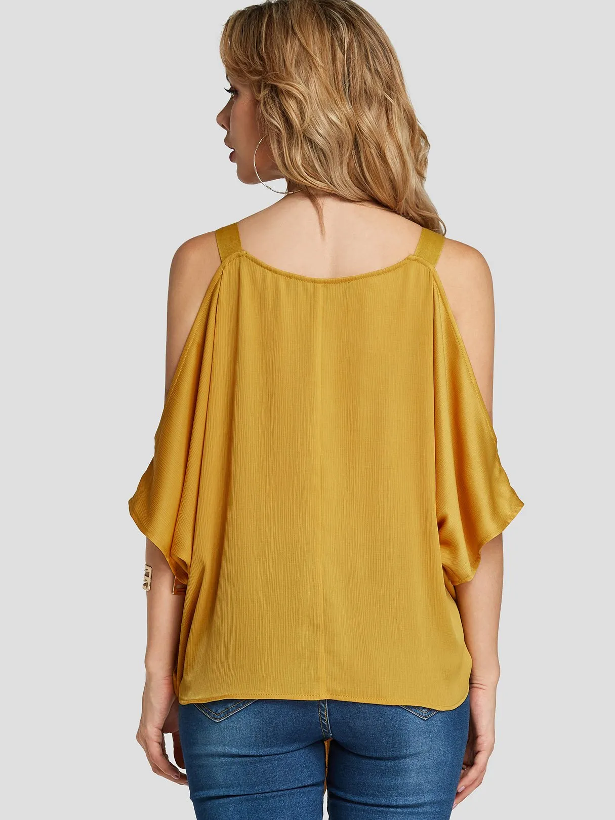 Custom V-Neck Cold Shoulder Self-Tie Yellow Blouses