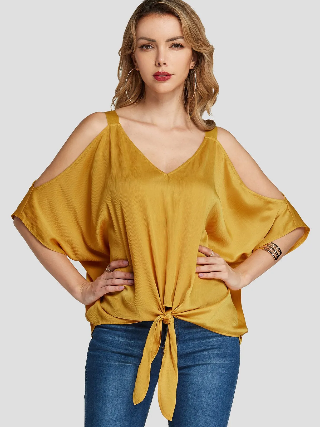 Custom V-Neck Cold Shoulder Self-Tie Yellow Blouses