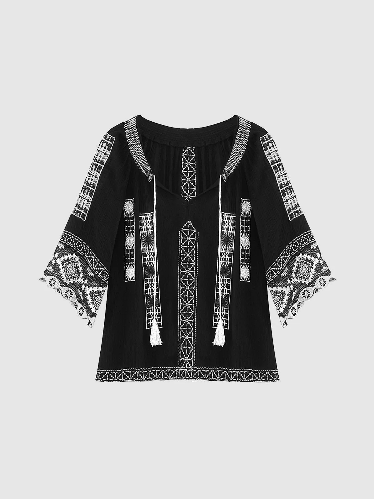 Custom V-Neck Embroidered Lace Black Top