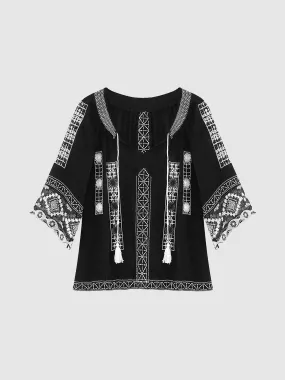 Custom V-Neck Embroidered Lace Black Top