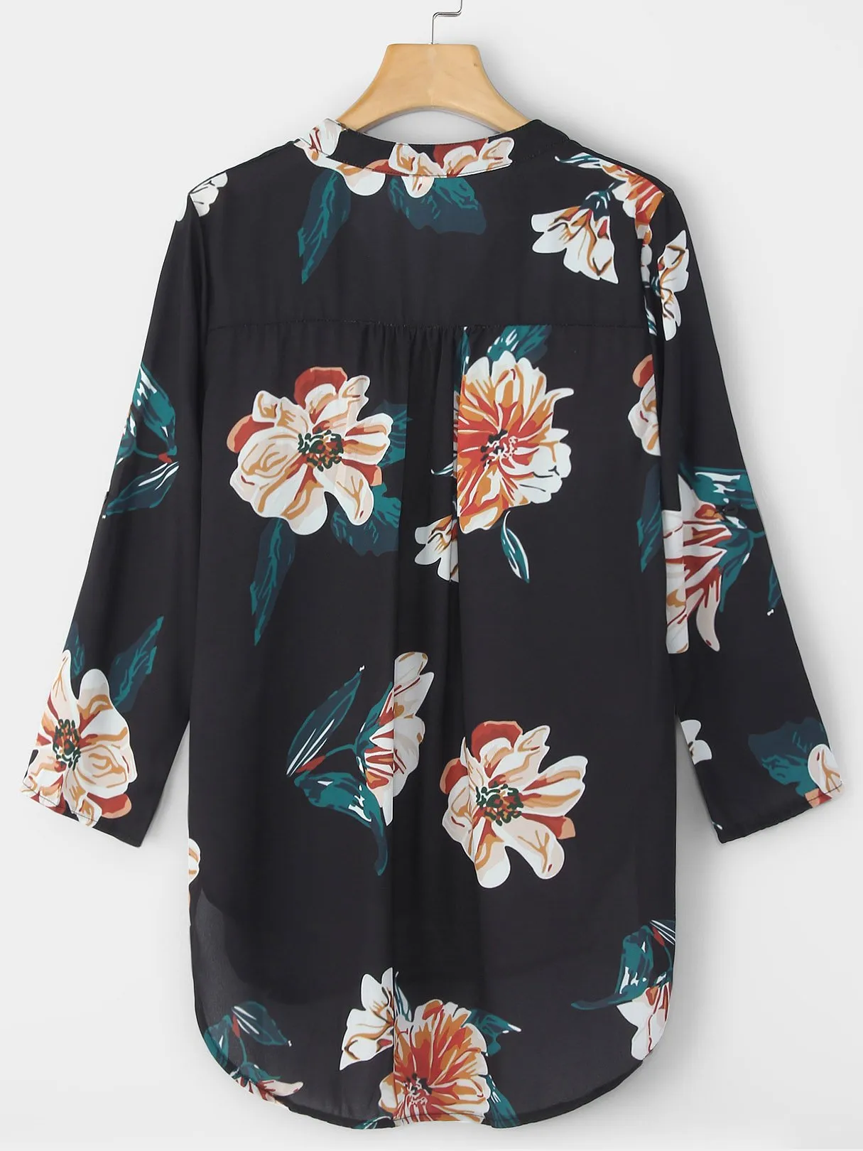 Custom V-Neck Floral Print Long Sleeve Curved Hem Black Blouses