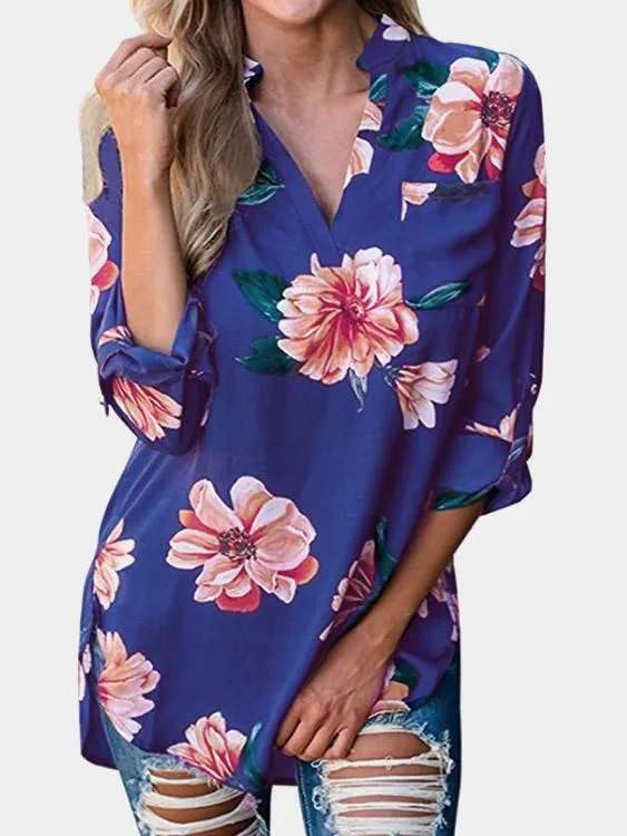 Custom V-Neck Floral Print Long Sleeve Curved Hem Blouse