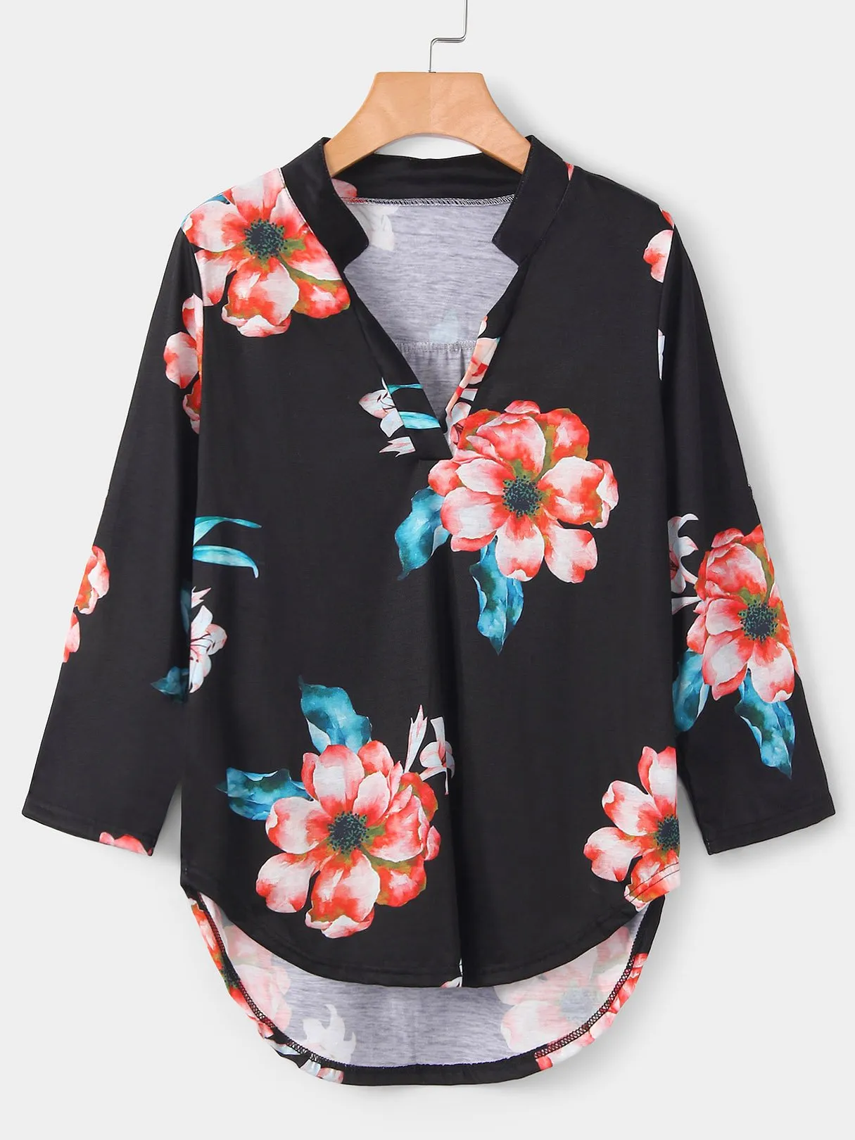 Custom V-Neck Floral Print Long Sleeve Curved Hem Blouse