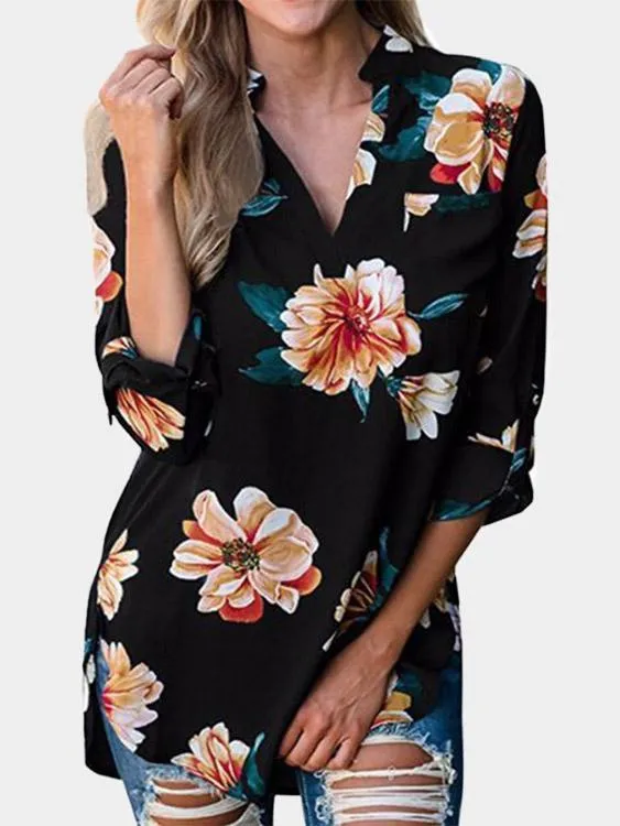 Custom V-Neck Floral Print Long Sleeve Curved Hem Blouse