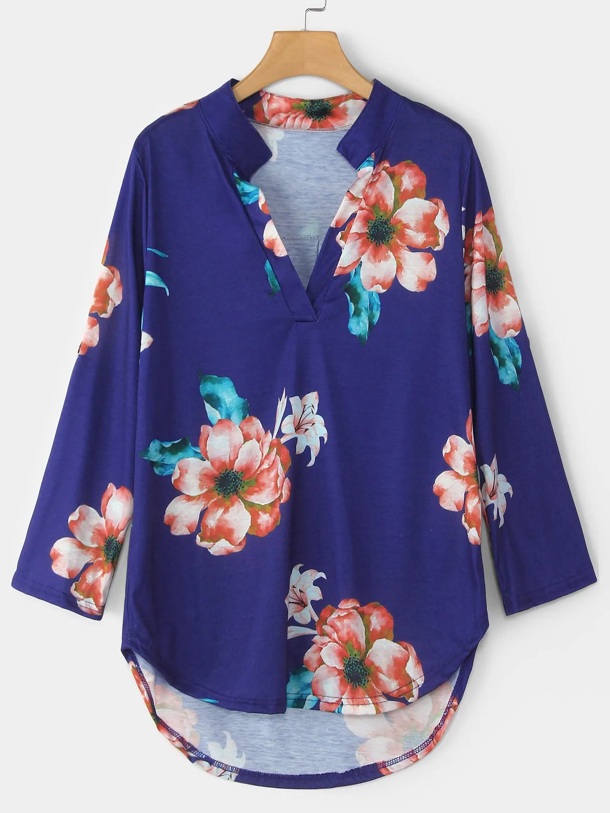 Custom V-Neck Floral Print Long Sleeve Curved Hem Blouse