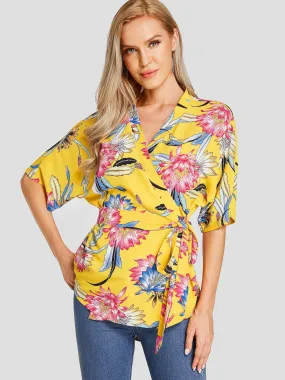 Custom V-Neck Floral Print Self-Tie Half Sleeve Yellow Blouses