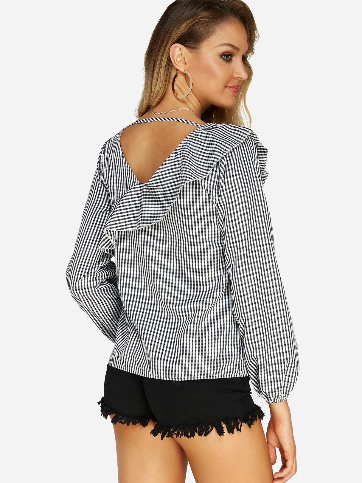 Custom V-Neck Grid Long Sleeve Grid Blouses