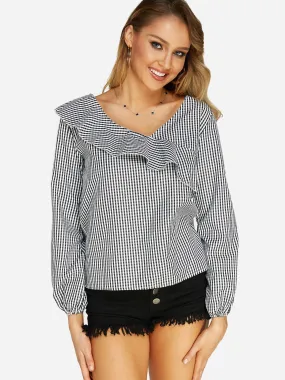 Custom V-Neck Grid Long Sleeve Grid Blouses