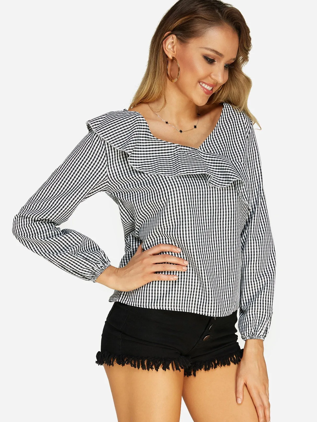 Custom V-Neck Grid Long Sleeve Grid Blouses