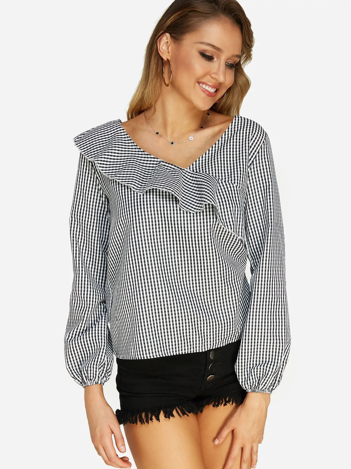 Custom V-Neck Grid Long Sleeve Grid Blouses