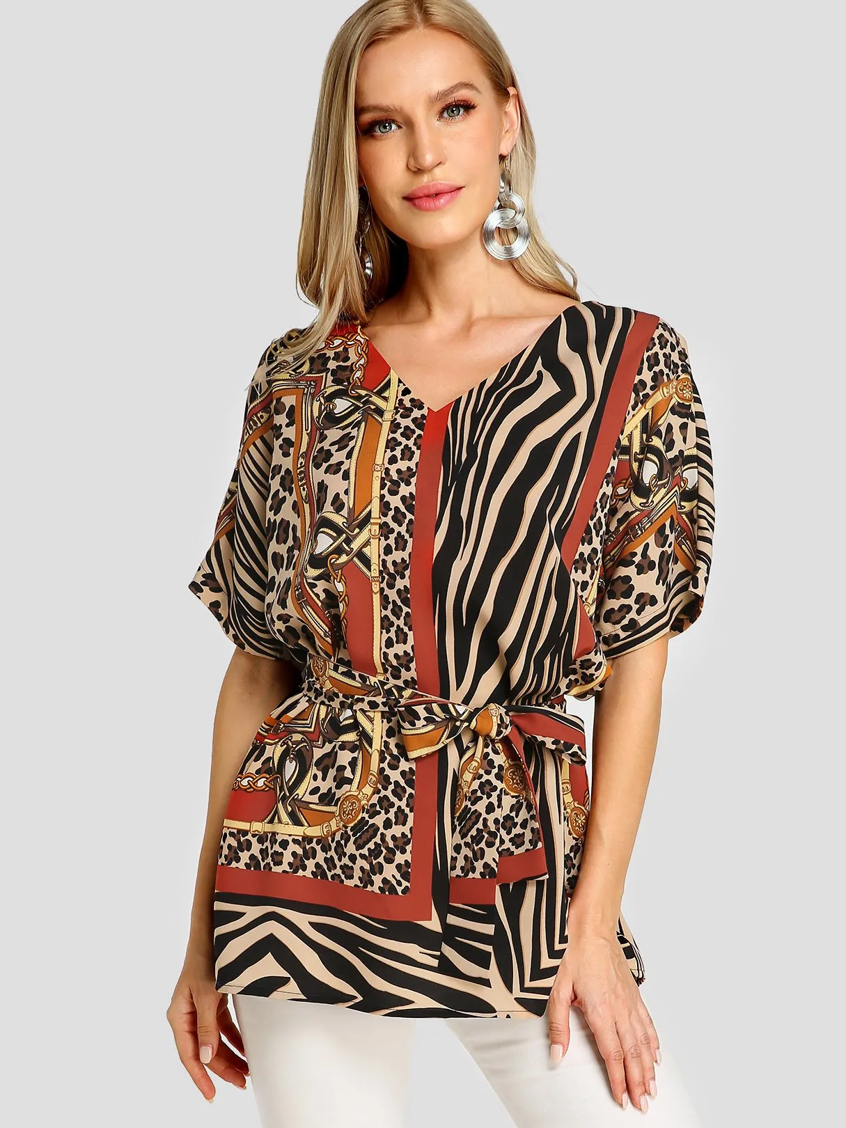 Custom V-Neck Leopard Zebra Scarf Print Self-Tie Short Sleeve Brown Blouses