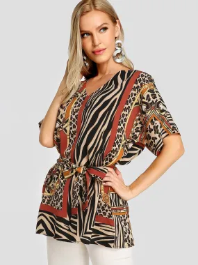 Custom V-Neck Leopard Zebra Scarf Print Self-Tie Short Sleeve Brown Blouses