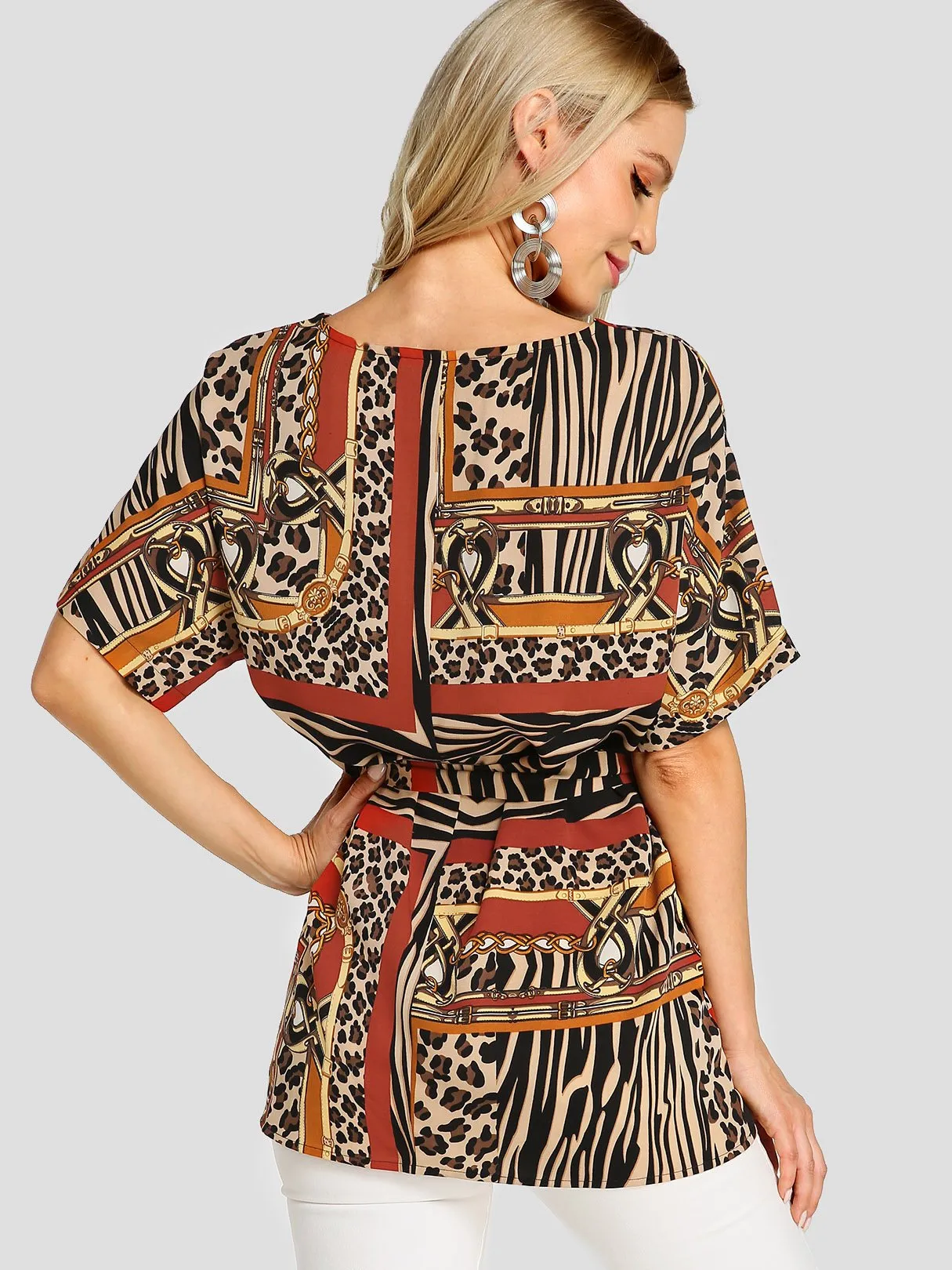 Custom V-Neck Leopard Zebra Scarf Print Self-Tie Short Sleeve Brown Blouses