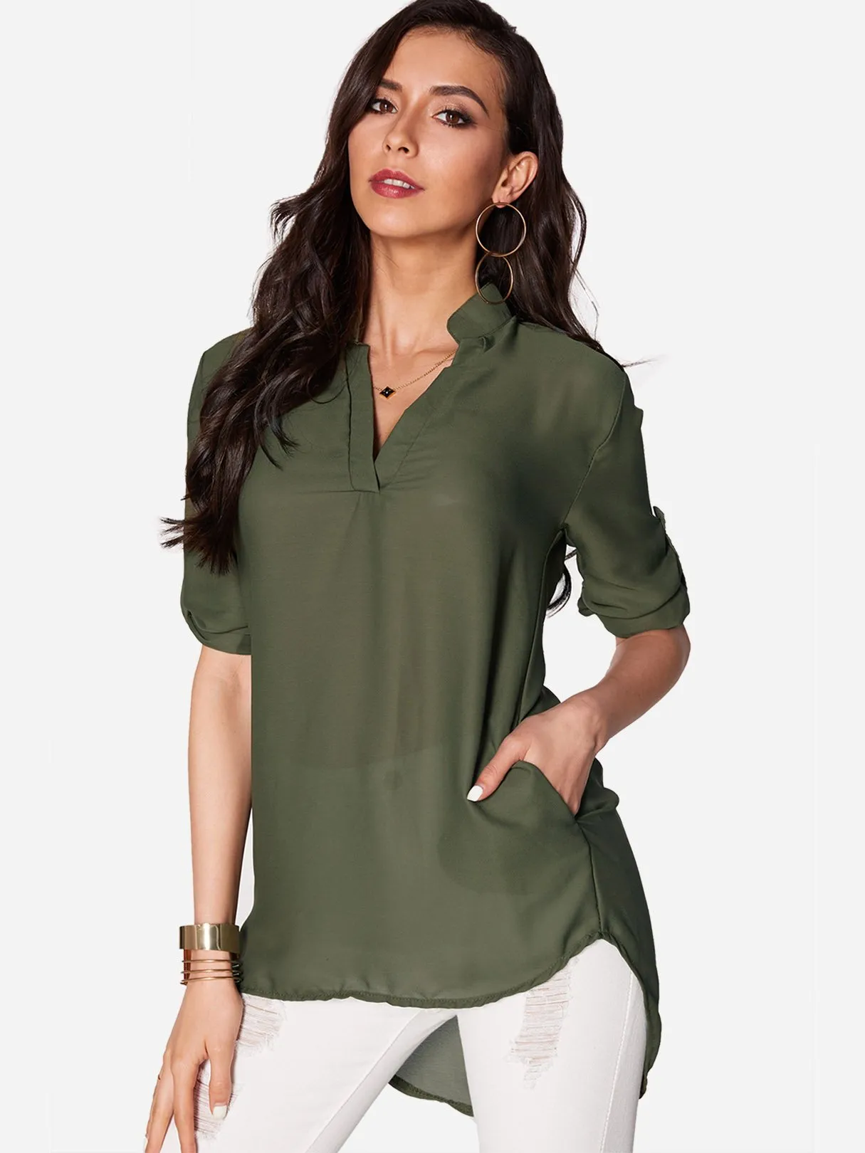 Custom V-Neck Long Sleeve Irregular Hem Top