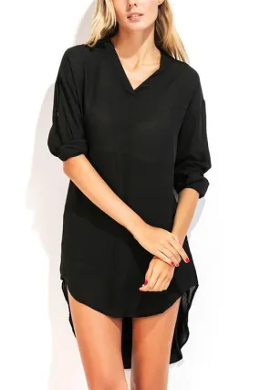 Custom V-Neck Plain Long Sleeve Irregular Hem Black Blouses