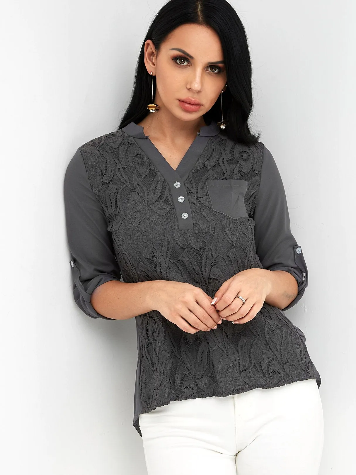 Custom V-Neck Sheer Lace Long Sleeve Grey Blouses