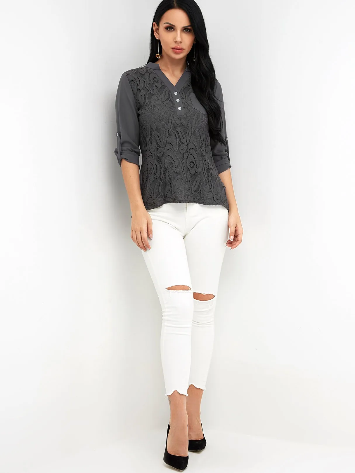 Custom V-Neck Sheer Lace Long Sleeve Grey Blouses