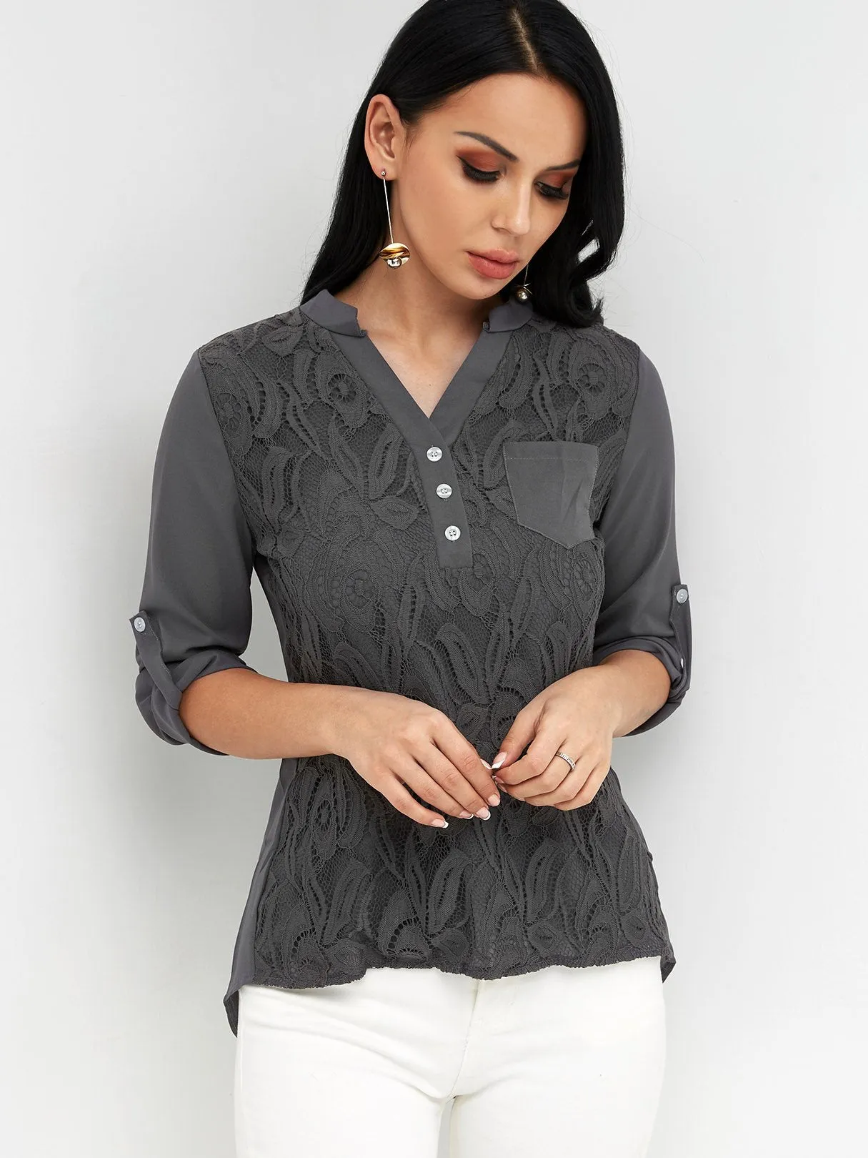 Custom V-Neck Sheer Lace Long Sleeve Grey Blouses