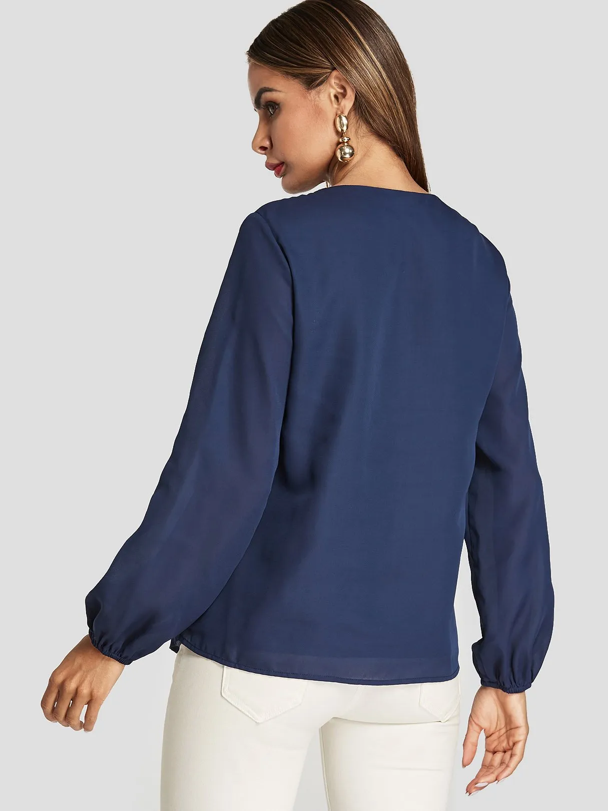 Custom V-Neck Zip Back Long Sleeve Navy Blouses