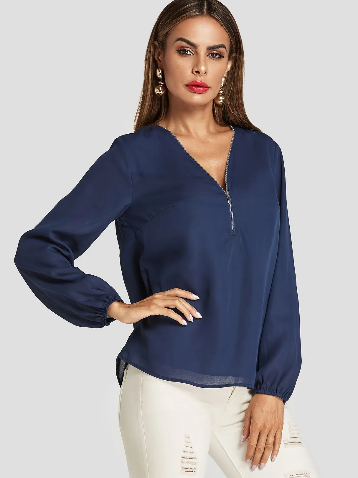 Custom V-Neck Zip Back Long Sleeve Navy Blouses