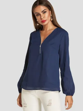 Custom V-Neck Zip Back Long Sleeve Navy Blouses