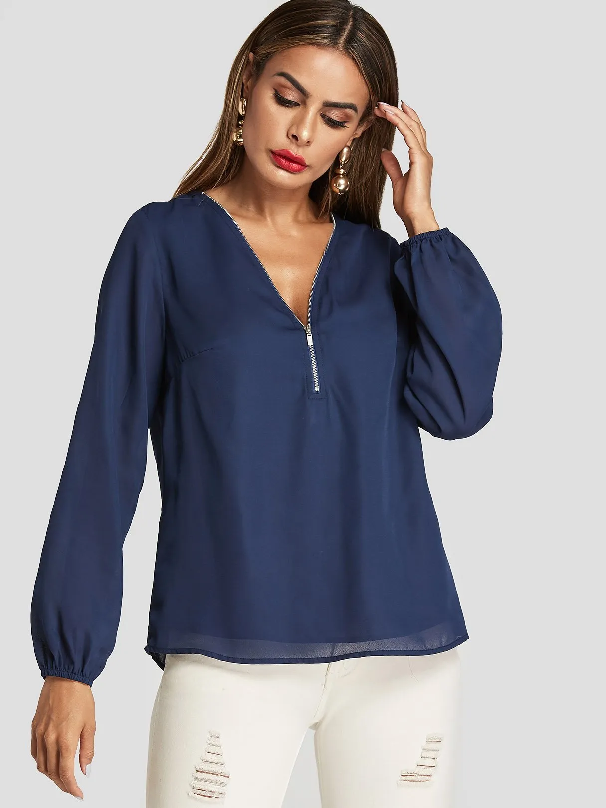 Custom V-Neck Zip Back Long Sleeve Navy Blouses