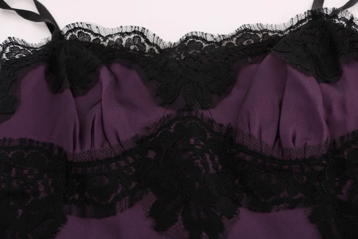 Dolce & Gabbana Purple Silk Stretch Black Lace Dress