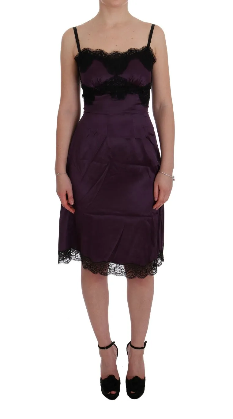 Dolce & Gabbana Purple Silk Stretch Black Lace Dress