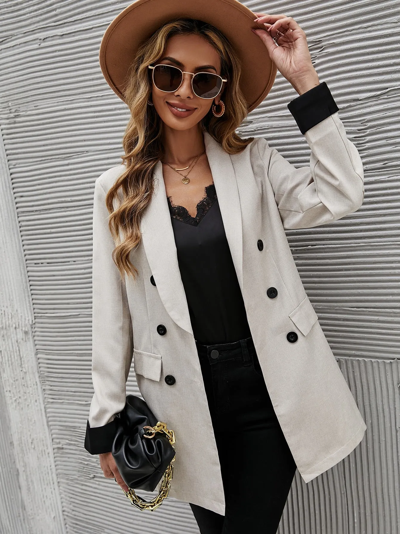 Double Breasted Flap Detail Shawl Collar Blazer