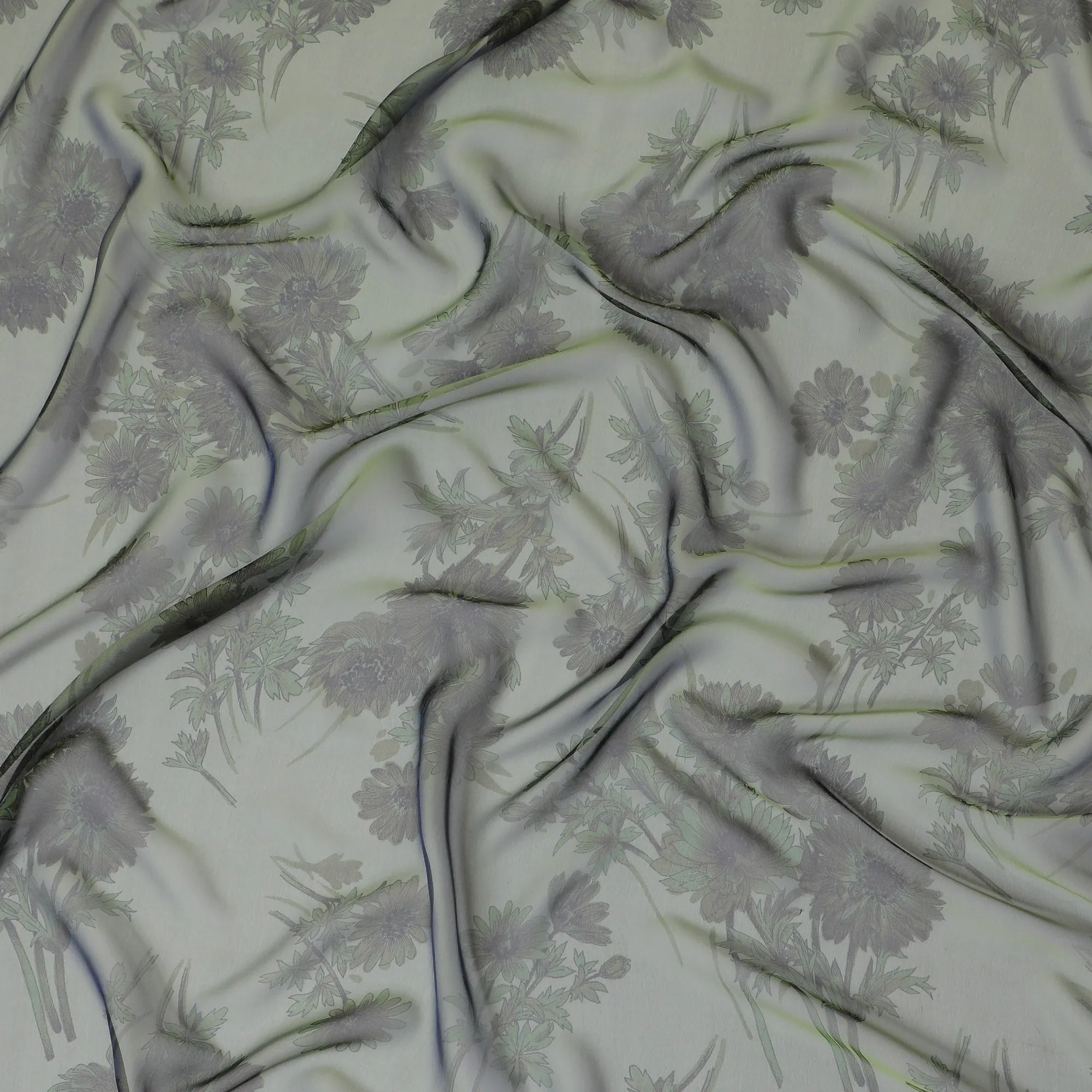 Elegant Grey and Green Floral Pure Silk Chiffon Fabric, 110 cms, South Korea-D19889