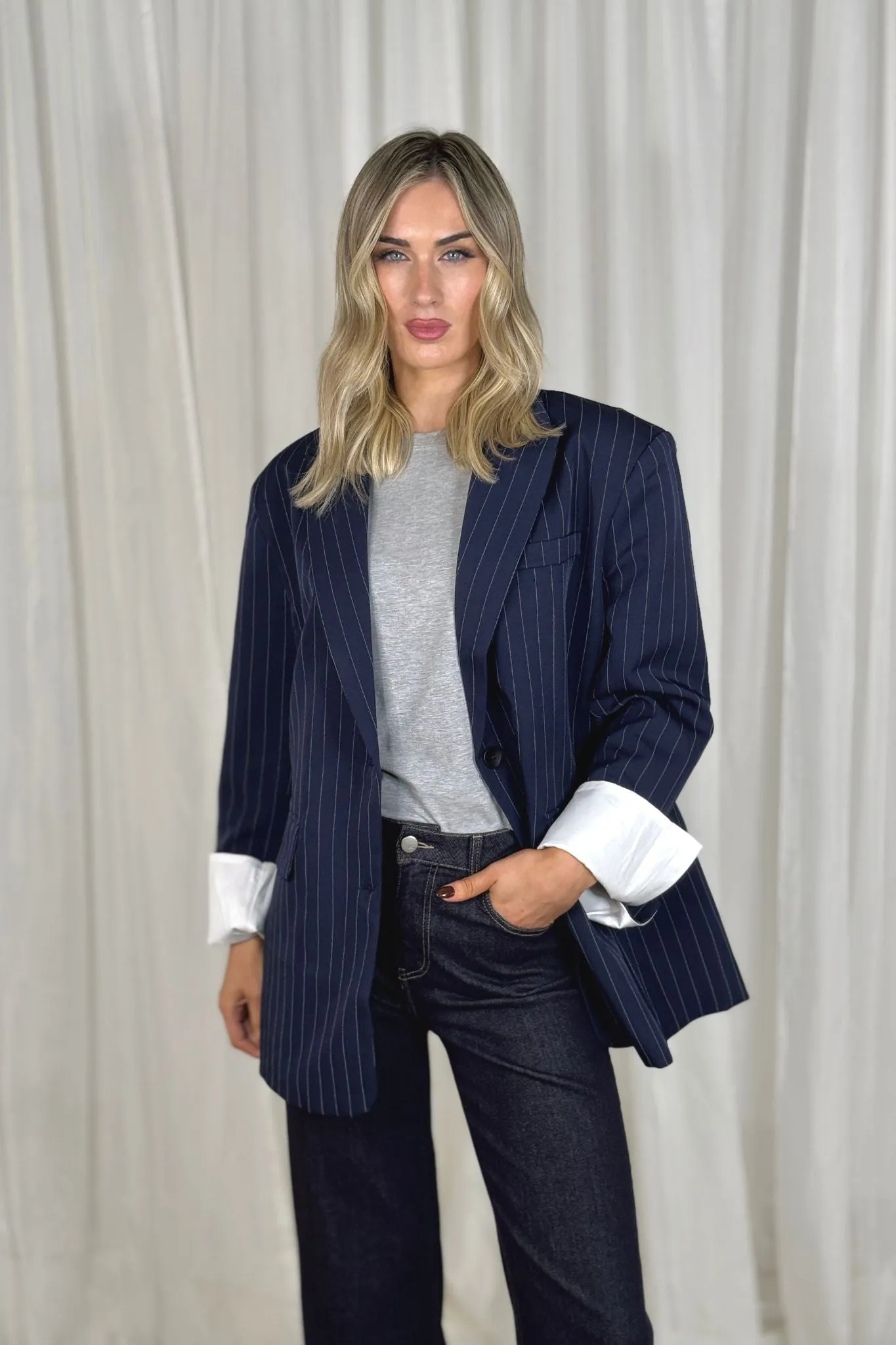 Elsa Pinstripe Blazer In Navy