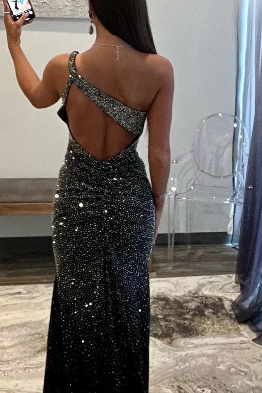 Eluned | Black One Shoulder Sheath Beaded Prom Dress With Split