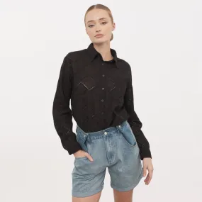 Eyelet Embroidered Button Down (Black)