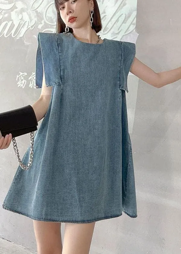 Fitted Light Blue Patchwork Denim Shift Dress Summer