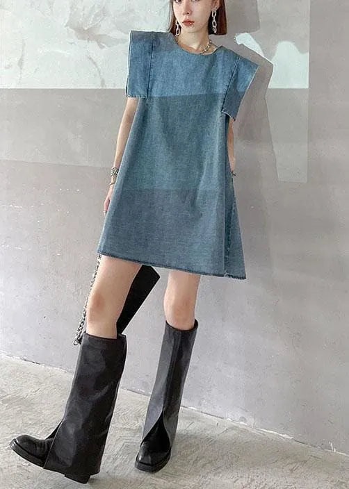 Fitted Light Blue Patchwork Denim Shift Dress Summer