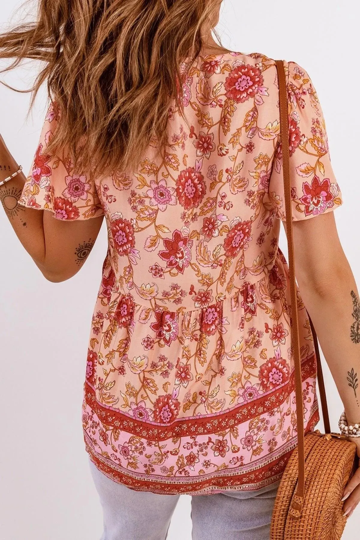 Floral Print Drawstring Buttoned V Neck Blouse