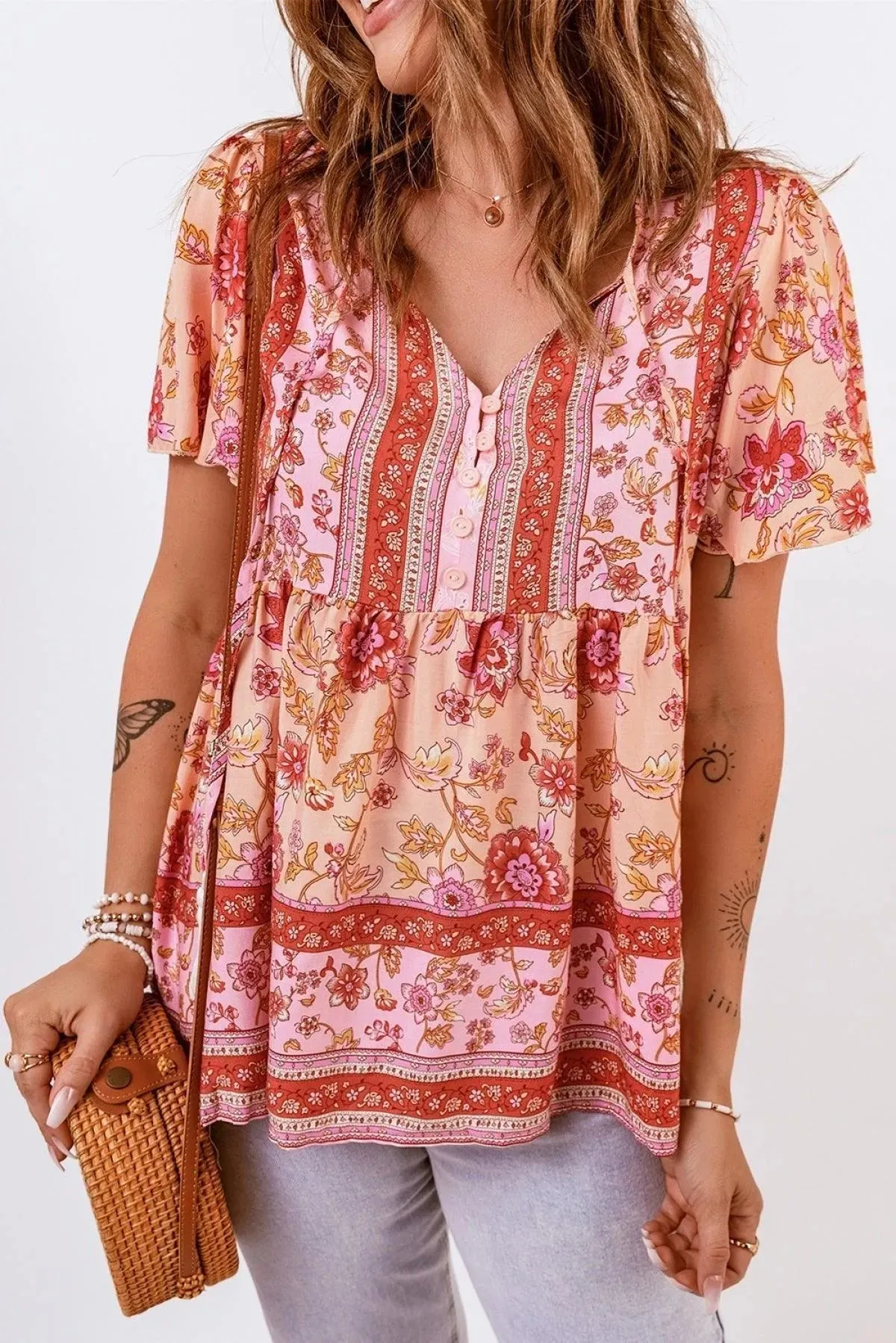 Floral Print Drawstring Buttoned V Neck Blouse