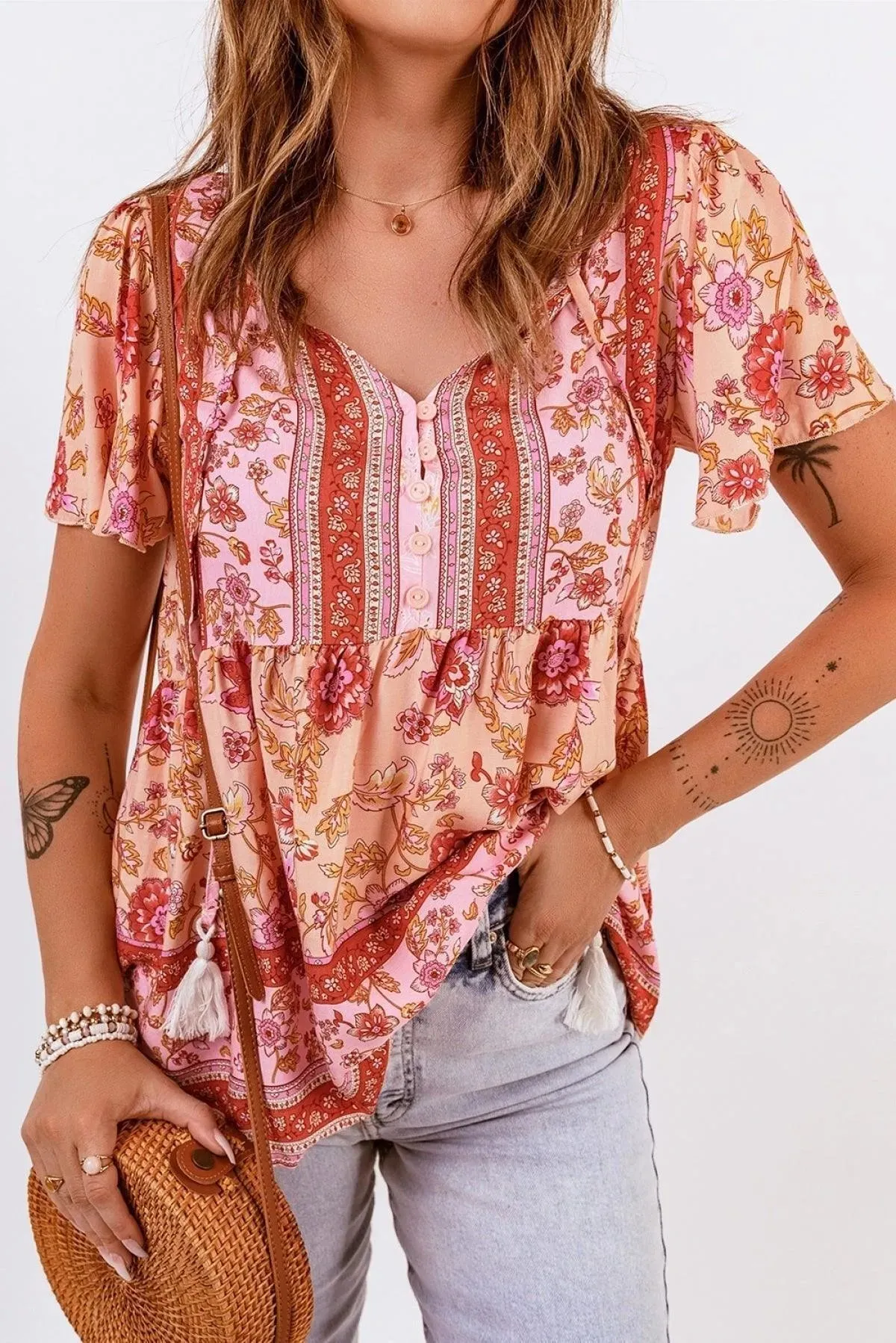 Floral Print Drawstring Buttoned V Neck Blouse