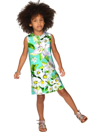 Flower Party Adele Green Designer Summer Shift Dress - Girls