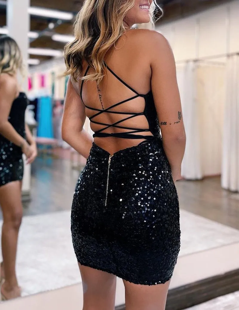 Glitter Bodycon Straps Black Sequins Short Homecoming Dresses