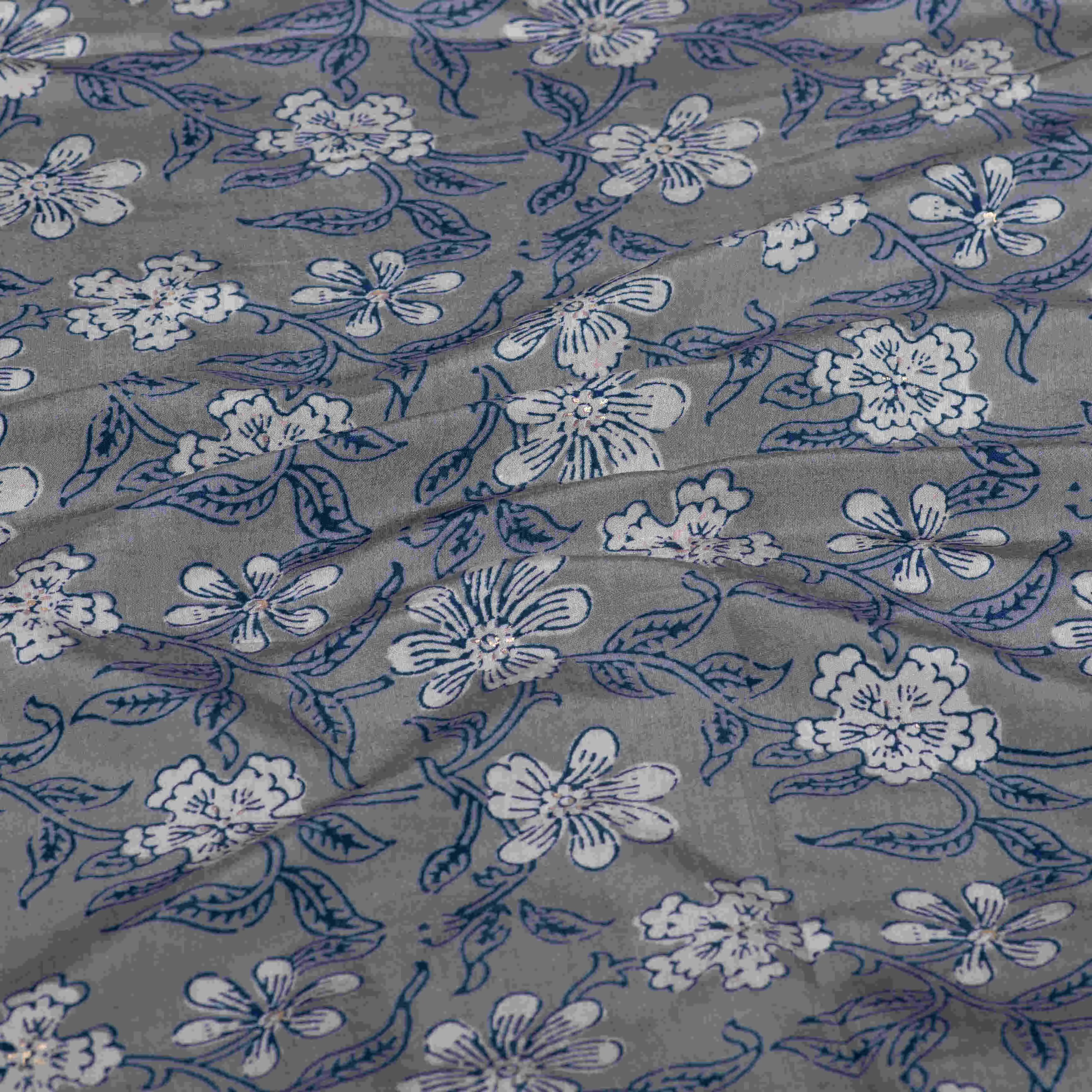 Gray Blue Floral Printed Modal Silk Cotton Fabric