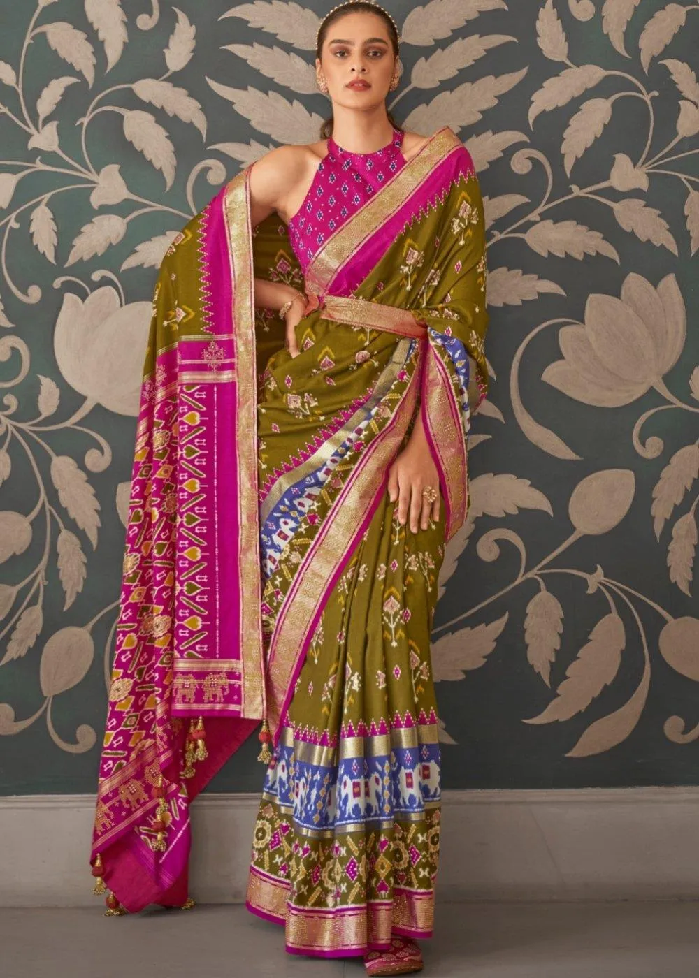 Green & Pink Patola Silk Saree with Zari Border & Tassels On Pallu | Stitched Blouse