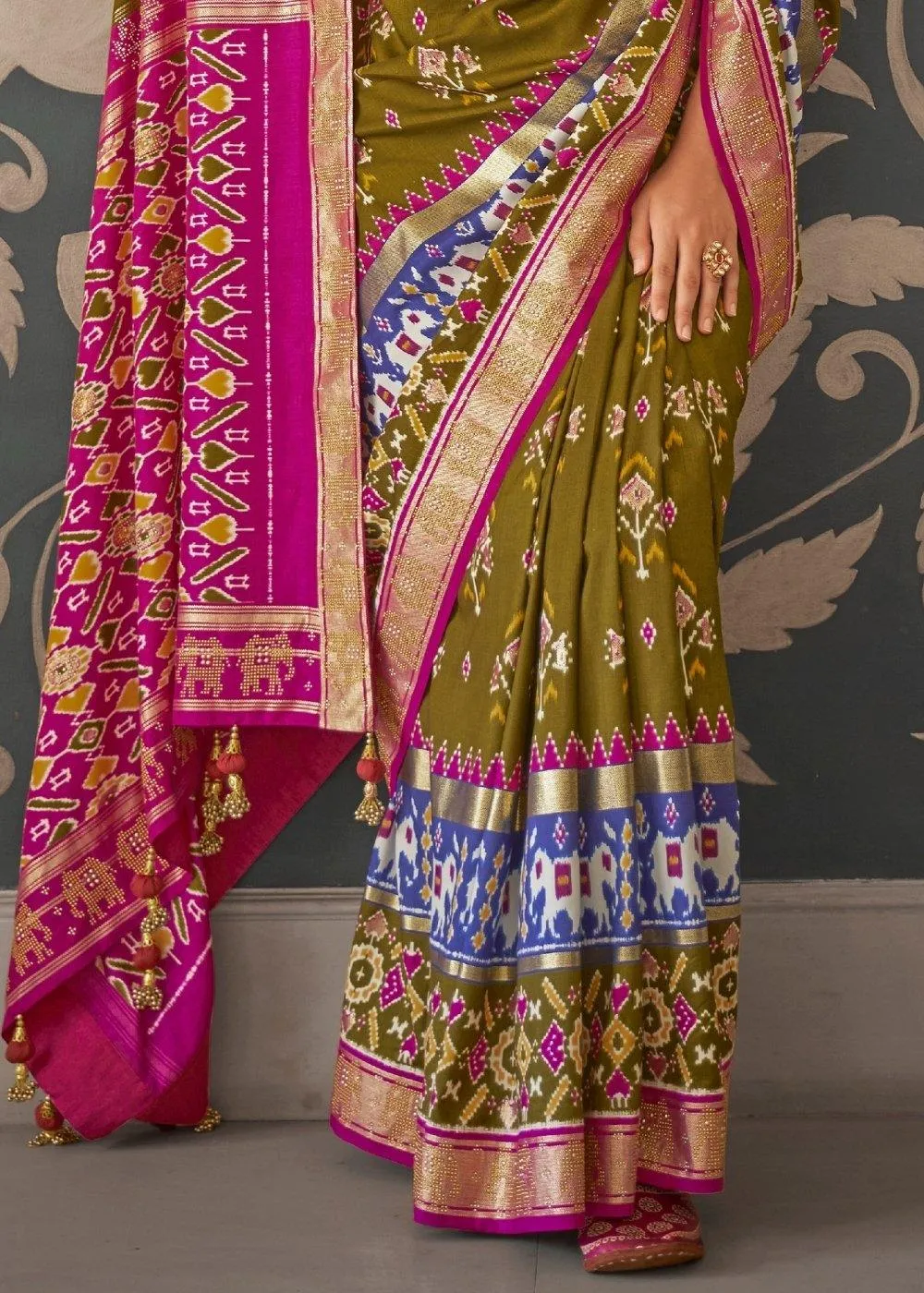 Green & Pink Patola Silk Saree with Zari Border & Tassels On Pallu | Stitched Blouse