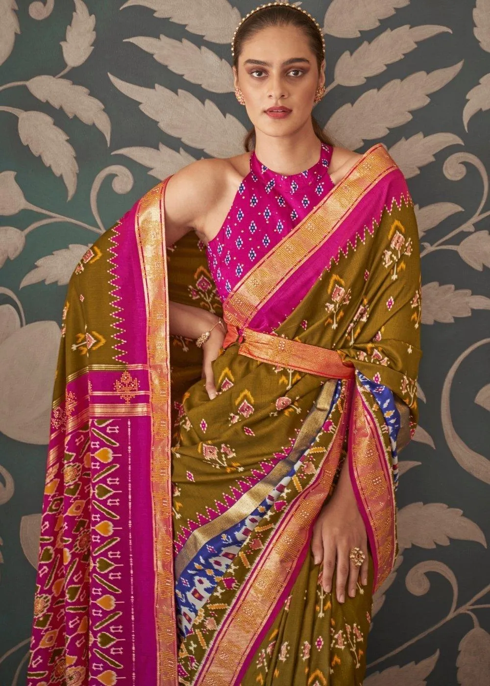 Green & Pink Patola Silk Saree with Zari Border & Tassels On Pallu | Stitched Blouse