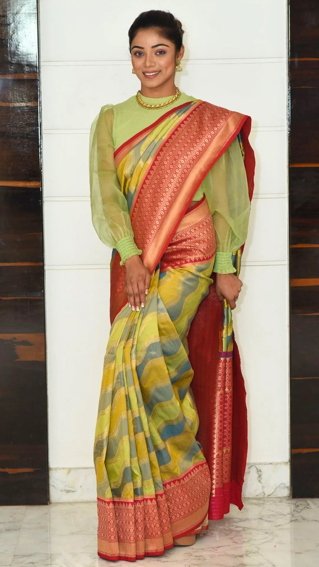 Green Wave Pattern Saree with Red Zari Border