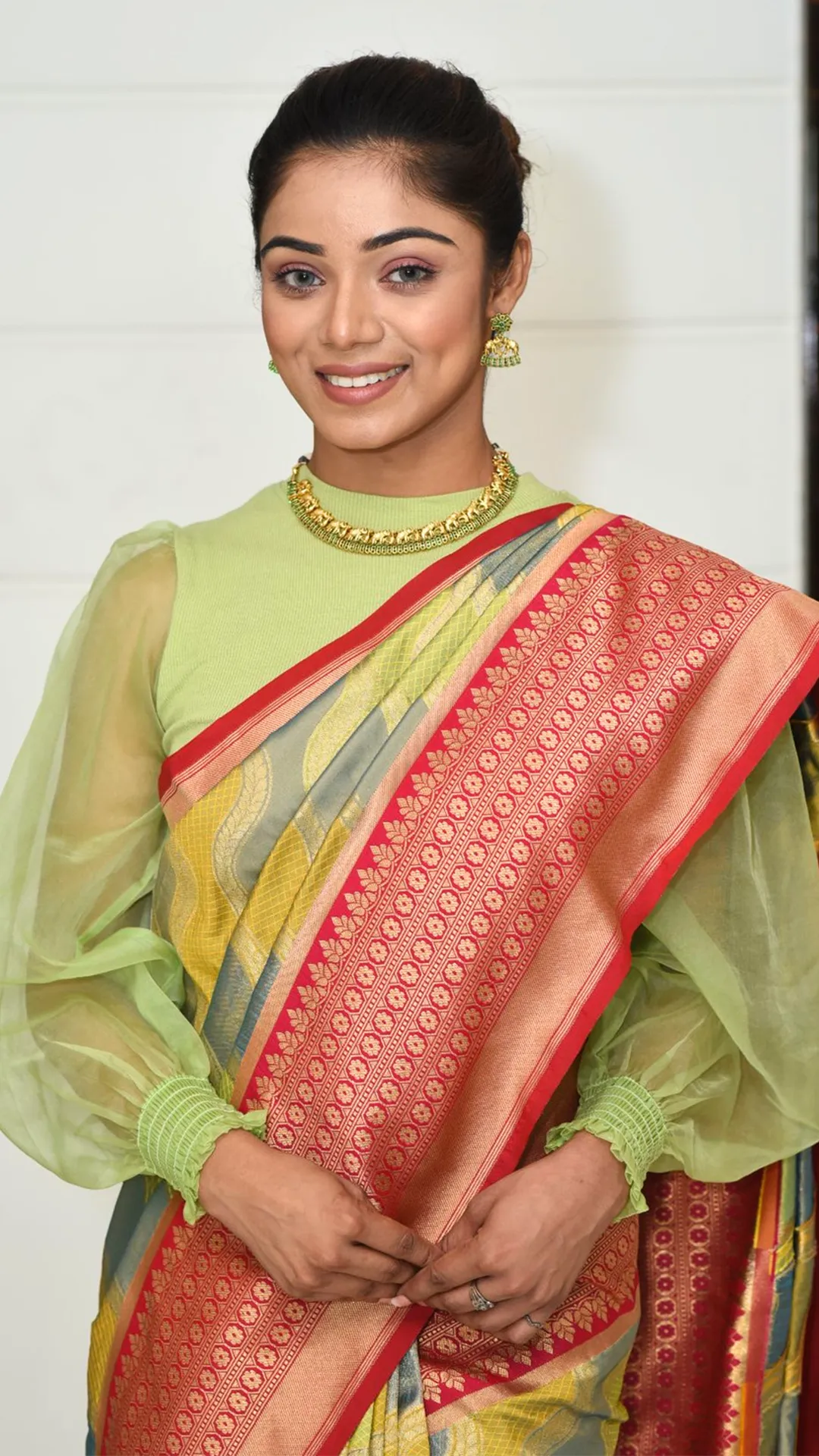 Green Wave Pattern Saree with Red Zari Border