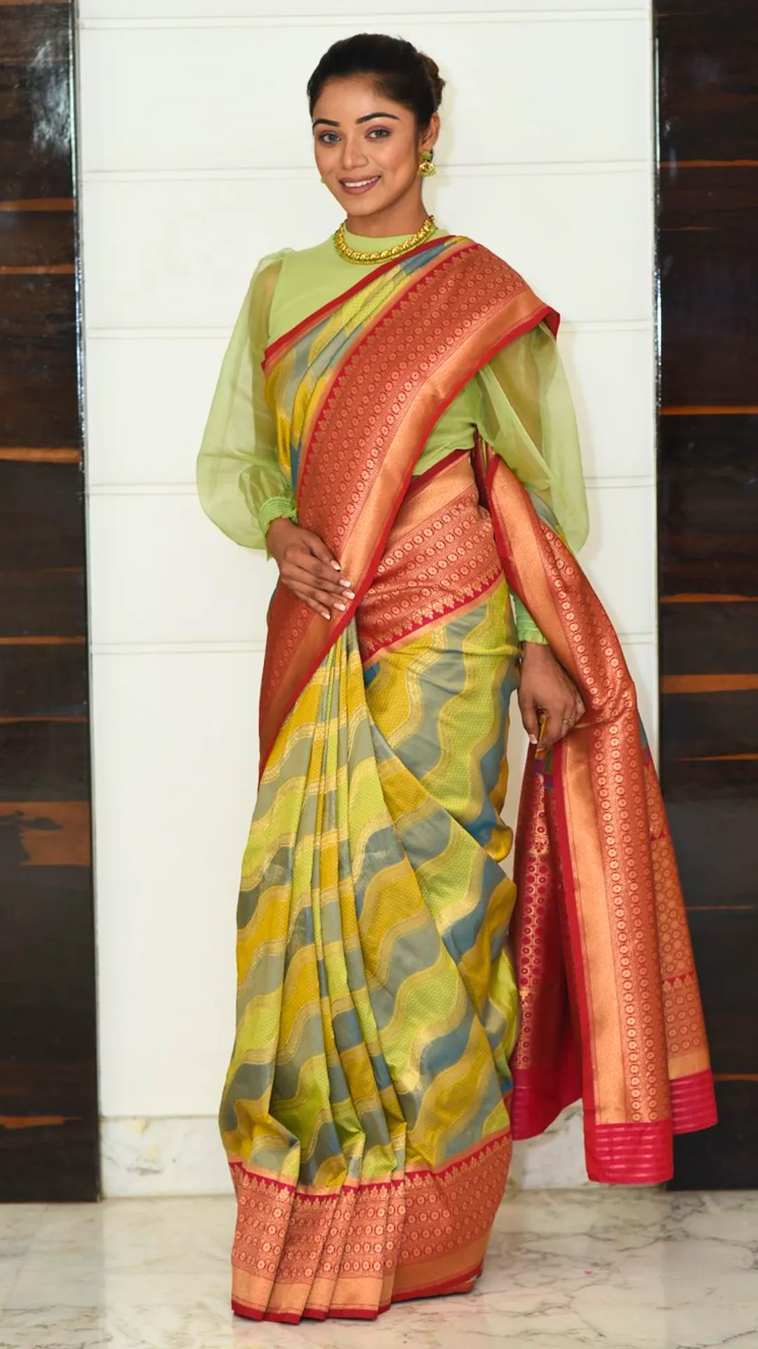 Green Wave Pattern Saree with Red Zari Border